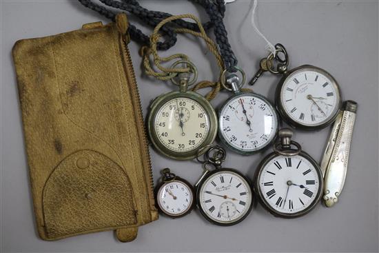 A collection of pocket watches including three silver and a silver and mother of pearl fruit knife.